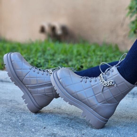 Womens Chunky Block Heel Ankle Combat Boots Taupe Color - Picture 4 of 6